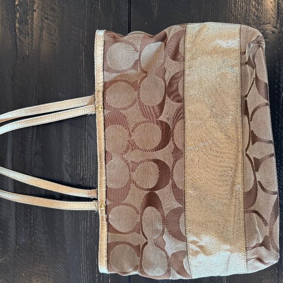 Coach Signature Print Brown with Gold Stripe Tote Bag - Picture 4 of 6